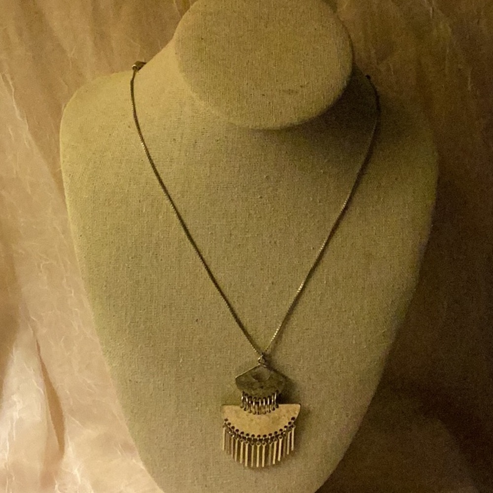 Silver colored box linked necklace with pendant with half moon & fringes
